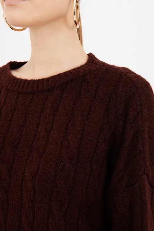 Bayan Bordo Saç Örgülü Kazak - BSL