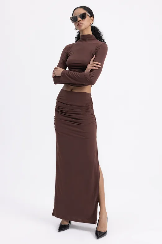 Bayan Kahverengi Drapeli Midi Etek - BSL