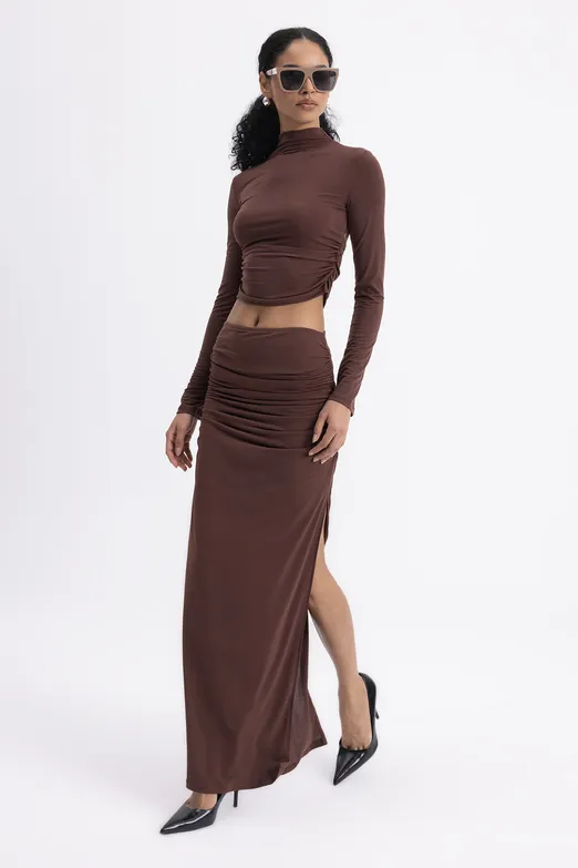Bayan Kahverengi Drapeli Midi Etek - BSL