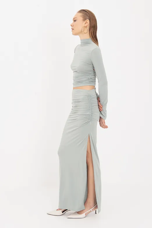 Bayan Yeşil Drapeli Midi Etek - BSL