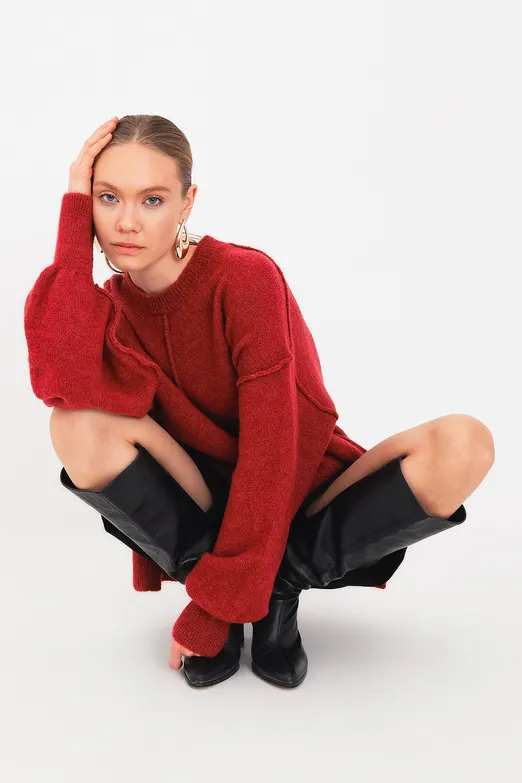 Bayan Vişne Oversize Kazak - BSL