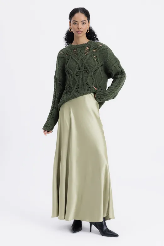 Bayan Yeşil Volanlı Maksi Saten Etek - BSL