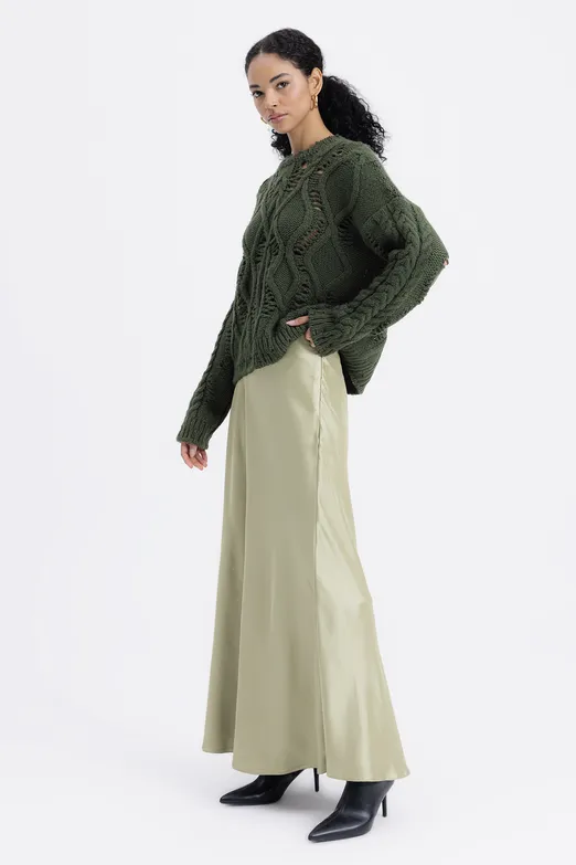 Bayan Yeşil Volanlı Maksi Saten Etek - BSL