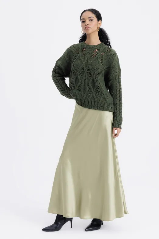 Bayan Yeşil Volanlı Maksi Saten Etek - BSL