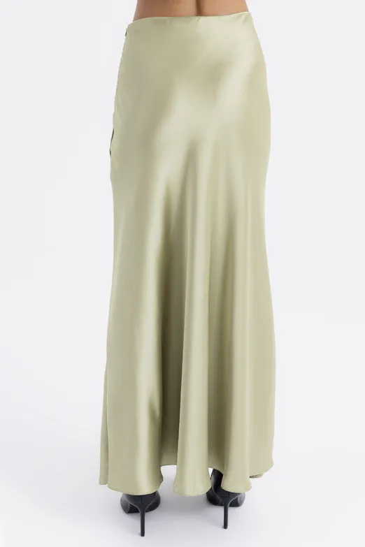 Bayan Yeşil Volanlı Maksi Saten Etek - BSL