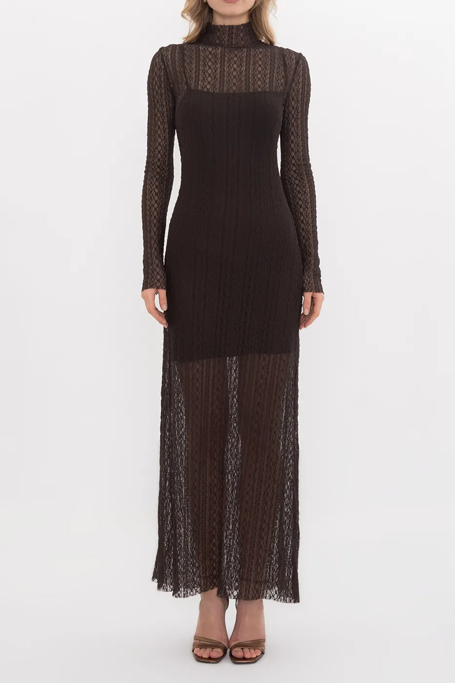 Bayan Kahverengi Dantel Maksi Slim Elbise