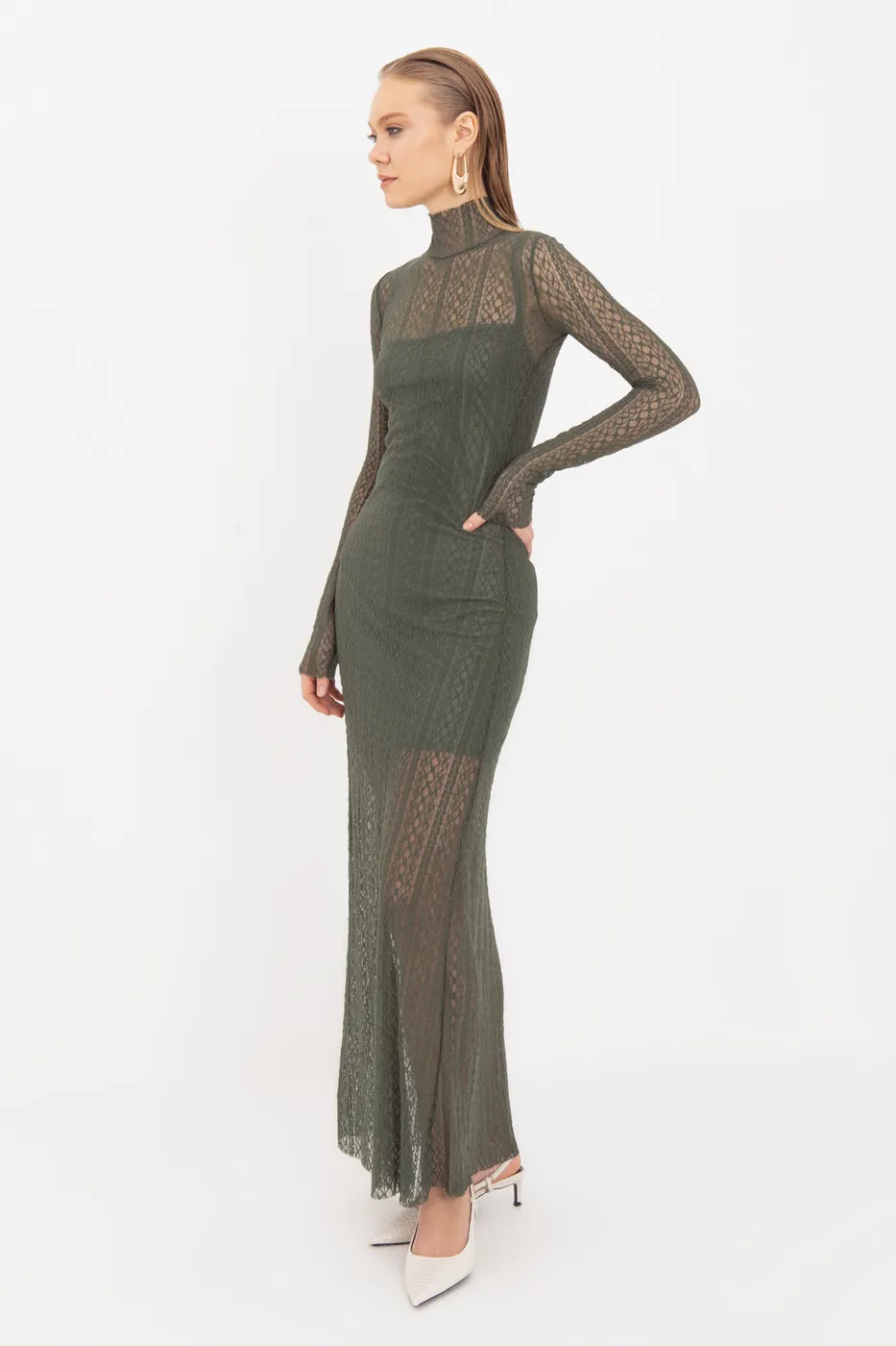 Bayan Yeşil Dantel Maksi Slim Elbise