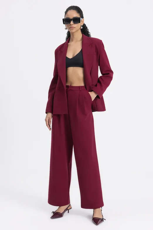 Bayan Bordo Pileli Kumaş Pantolon - BSL