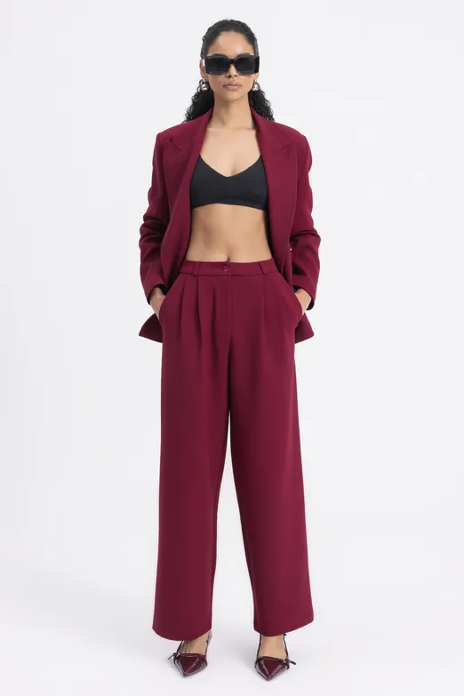 Bayan Bordo Pileli Kumaş Pantolon - BSL