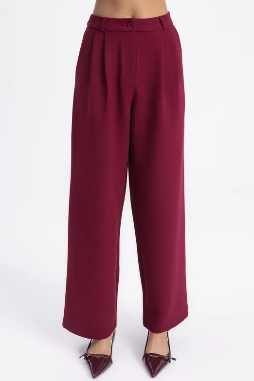 Bayan Bordo Pileli Kumaş Pantolon - BSL