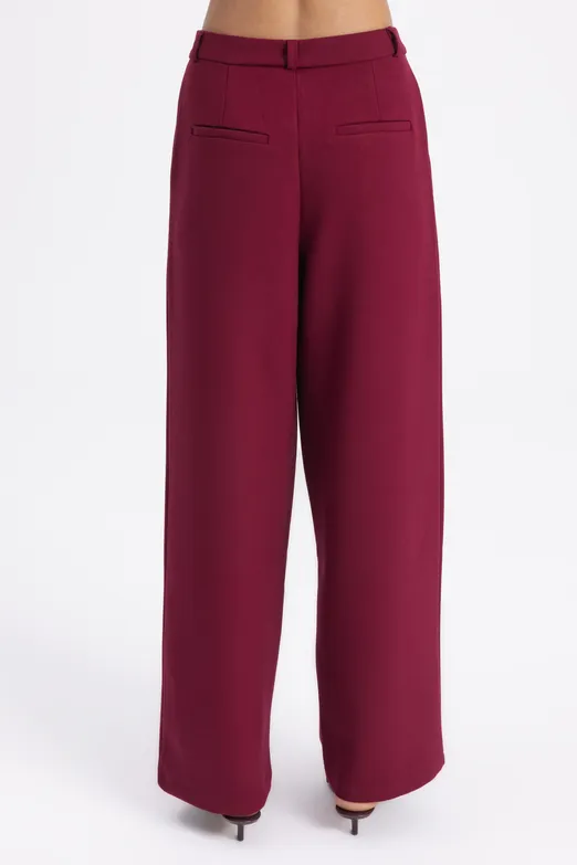 Bayan Bordo Pileli Kumaş Pantolon - BSL