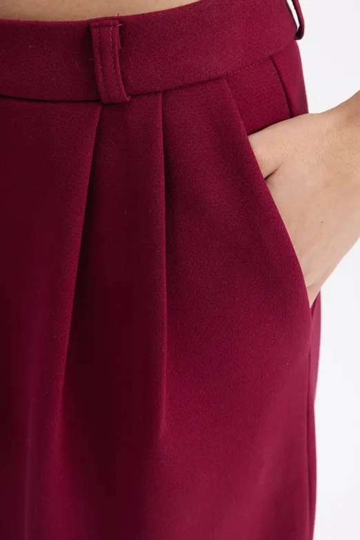 Bayan Bordo Pileli Kumaş Pantolon - BSL