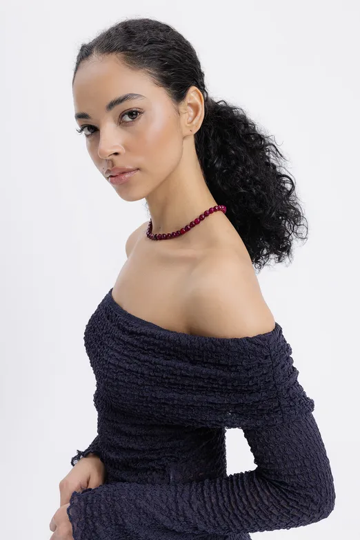 Bayan Lacivert Madonna Yaka Dantel Top - BSL