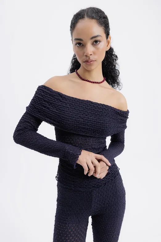 Bayan Lacivert Madonna Yaka Dantel Top - BSL