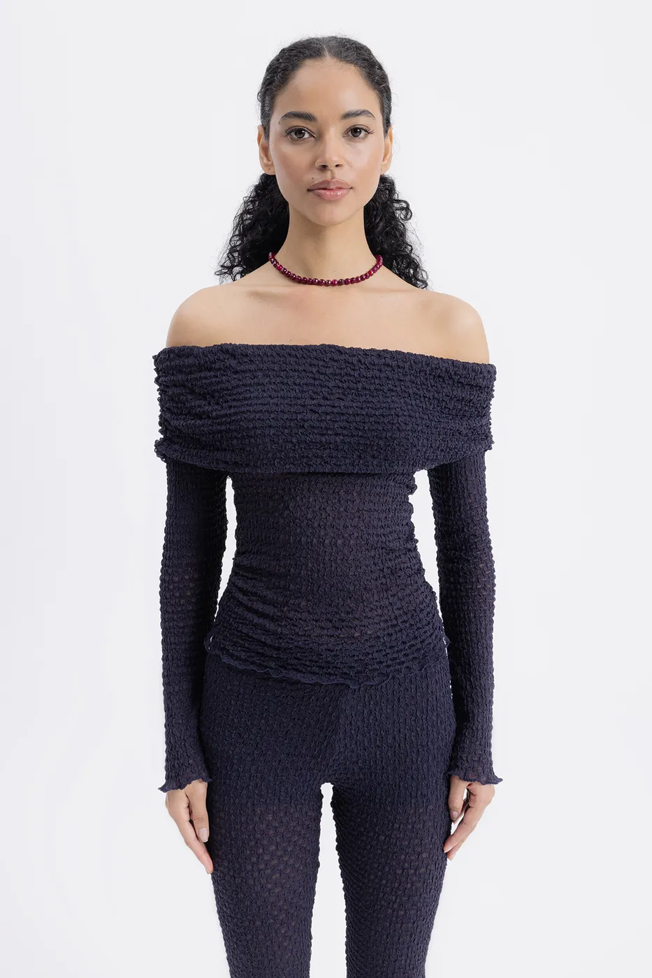 Bayan Lacivert Madonna Yaka Dantel Top