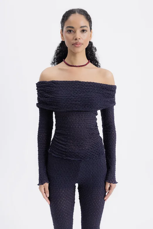 Bayan Lacivert Madonna Yaka Dantel Top - BSL