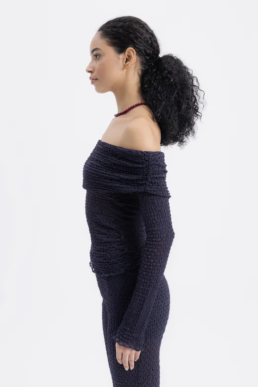 Bayan Lacivert Madonna Yaka Dantel Top - BSL