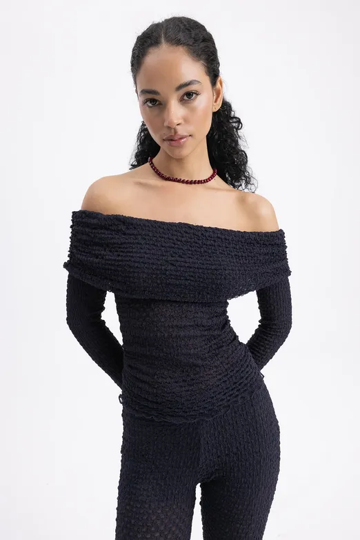 Bayan Lacivert Madonna Yaka Dantel Top - BSL