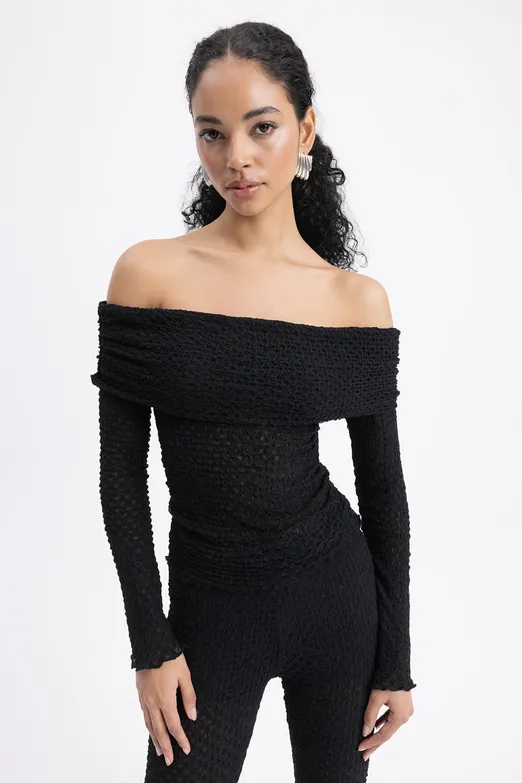 Bayan Siyah Madonna Yaka Dantel Top - BSL