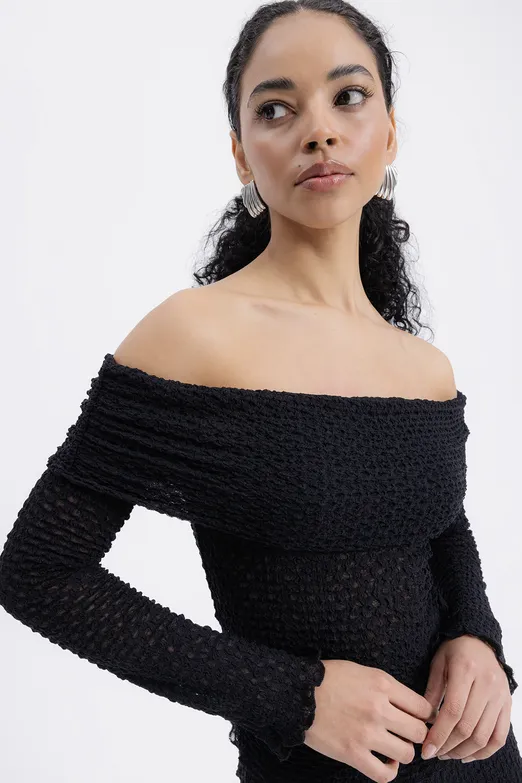 Bayan Siyah Madonna Yaka Dantel Top - BSL