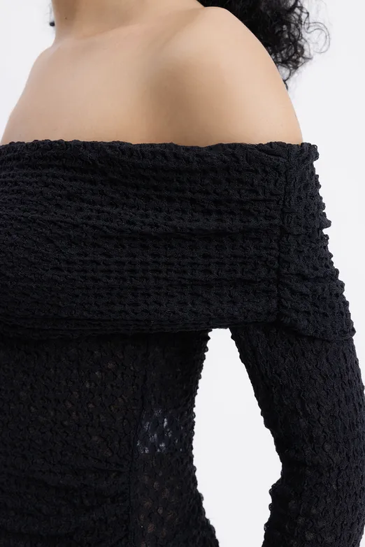 Bayan Siyah Madonna Yaka Dantel Top - BSL