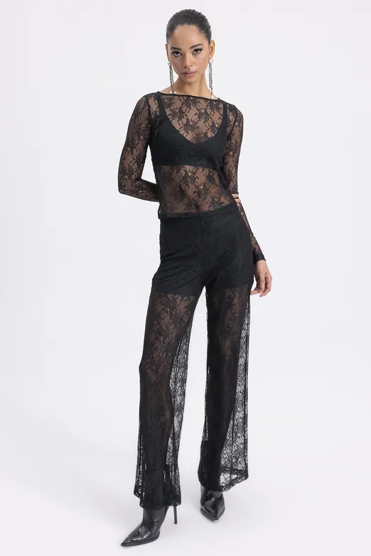 Bayan Siyah Dantel Düz Kesim Pantolon - BSL
