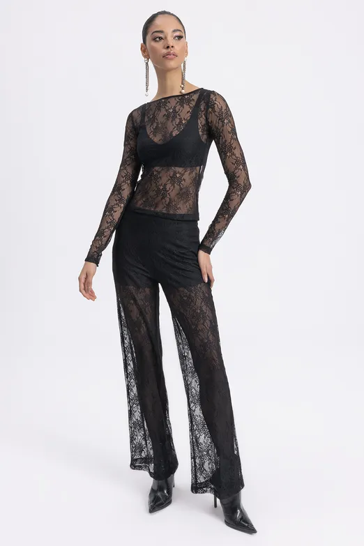 Bayan Siyah Dantel Düz Kesim Pantolon - BSL