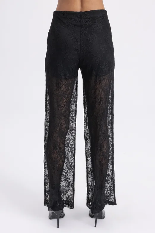 Bayan Siyah Dantel Düz Kesim Pantolon - BSL
