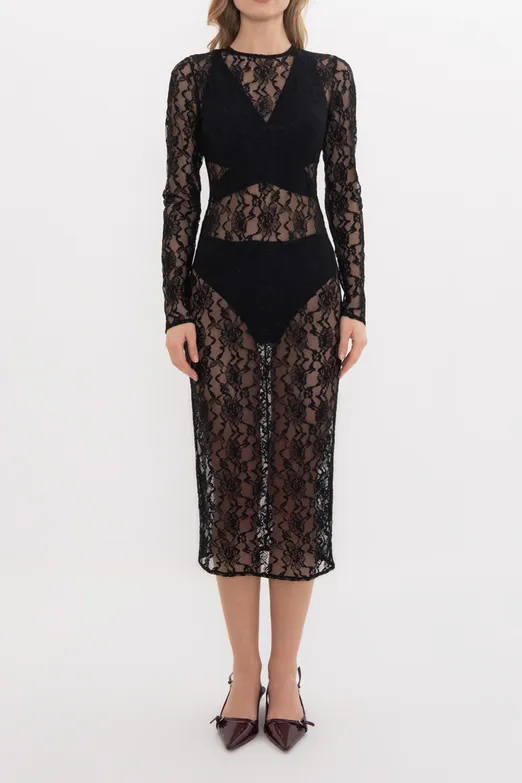 Bayan Siyah Midi Boy Dantel Elbise - BSL