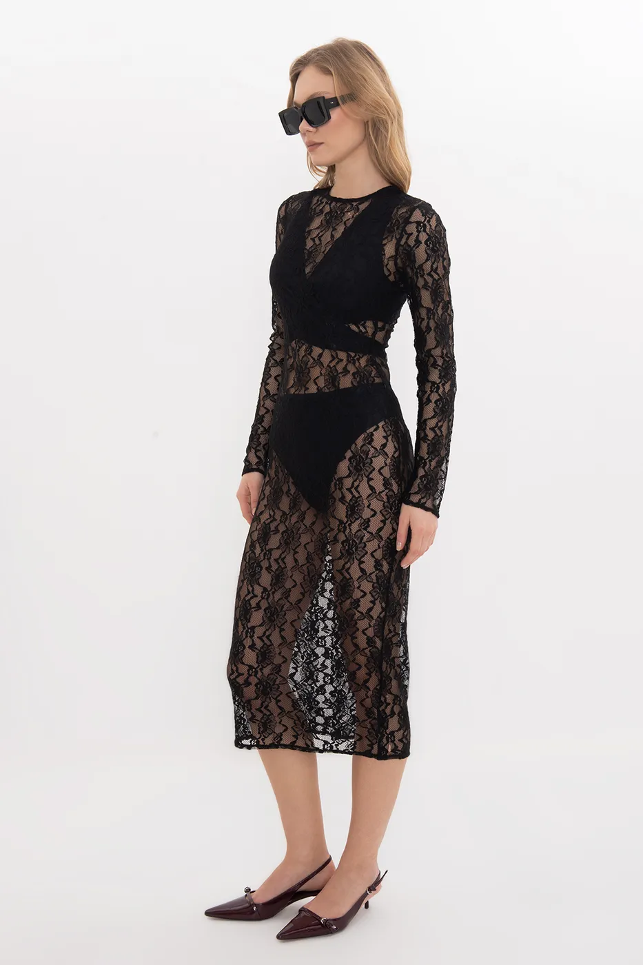 Bayan Siyah Midi Boy Dantel Elbise