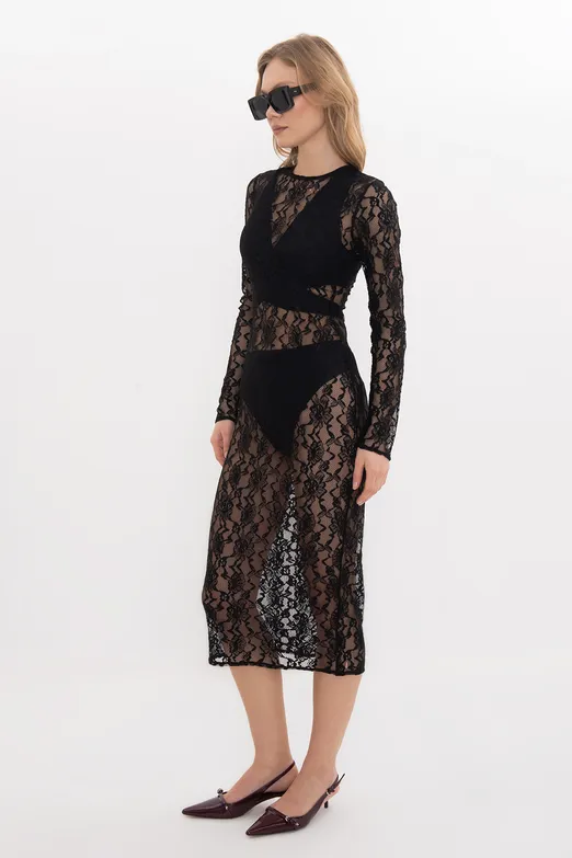 Bayan Siyah Midi Boy Dantel Elbise - BSL
