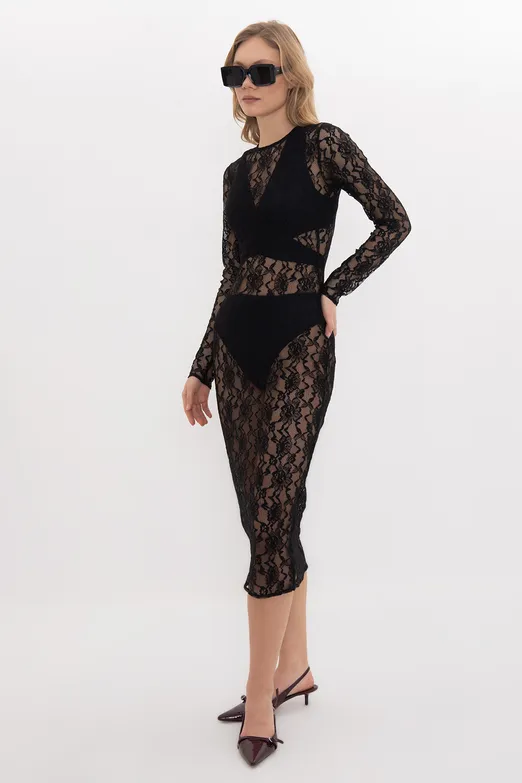 Bayan Siyah Midi Boy Dantel Elbise - BSL