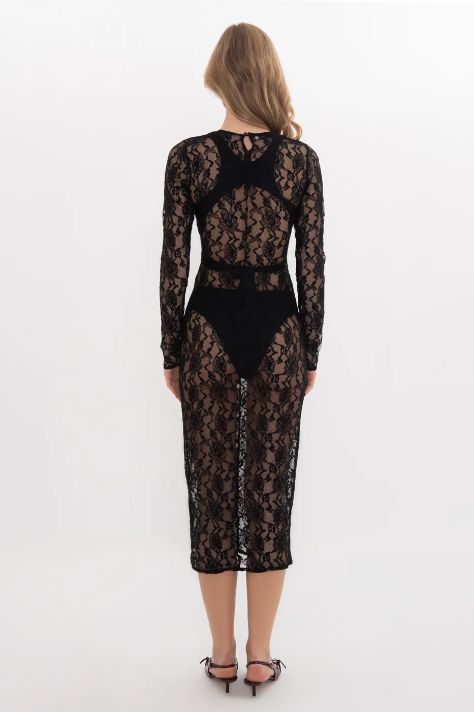 Bayan Siyah Midi Boy Dantel Elbise