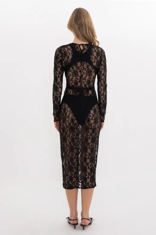 Bayan Siyah Midi Boy Dantel Elbise - BSL