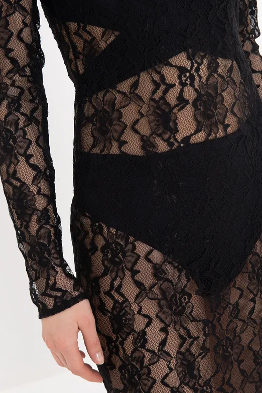 Bayan Siyah Midi Boy Dantel Elbise - BSL