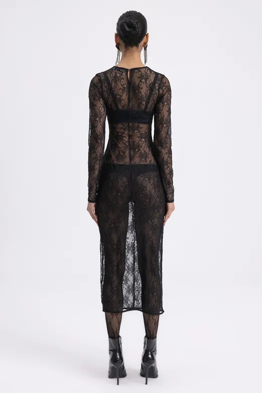 Bayan Siyah Midi Boy Dantel Elbise - BSL