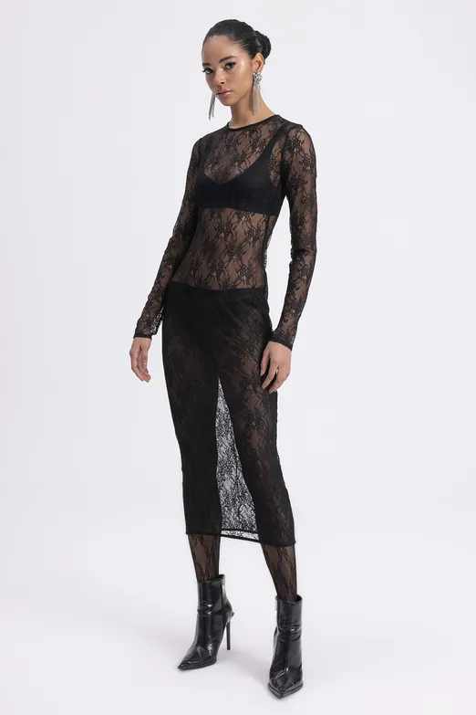 Bayan Siyah Midi Boy Dantel Elbise - BSL