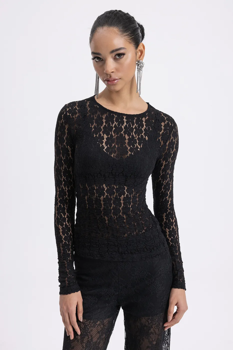 Bayan Siyah Dantel Slim Fit Top