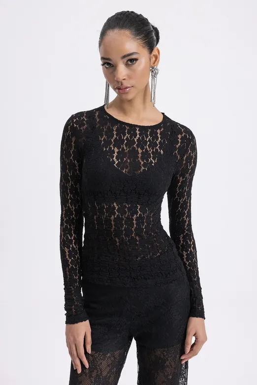 Bayan Siyah Dantel Slim Fit Top - BSL
