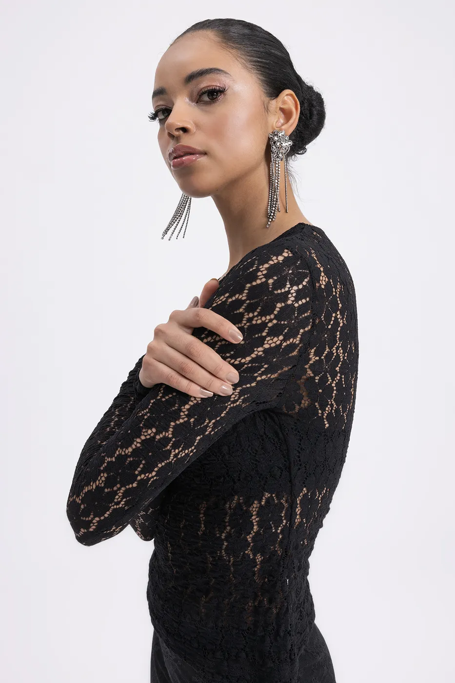 Bayan Siyah Dantel Slim Fit Top