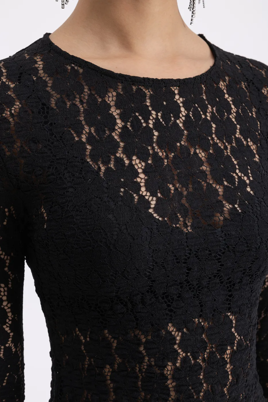 Bayan Siyah Dantel Slim Fit Top