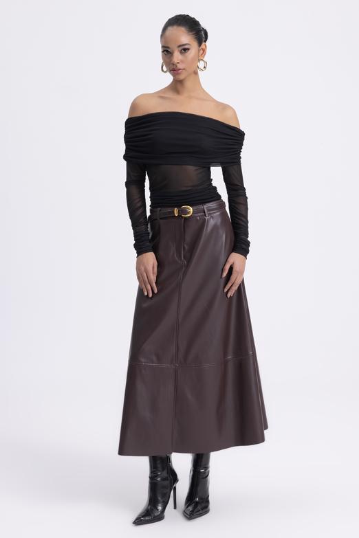 Deri Kloş Midi Etek