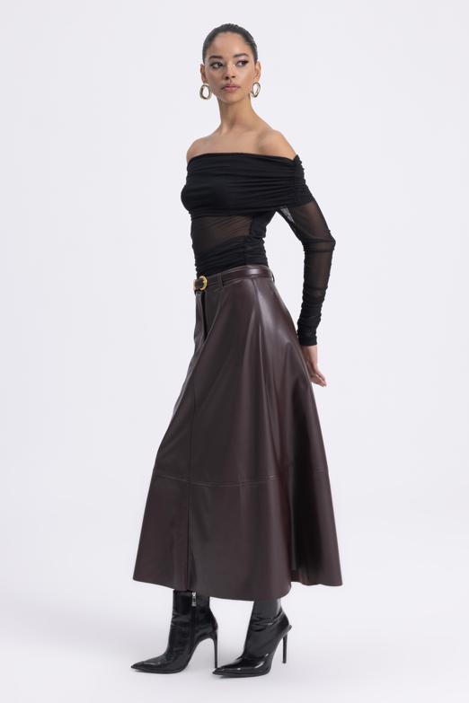 Deri Kloş Midi Etek