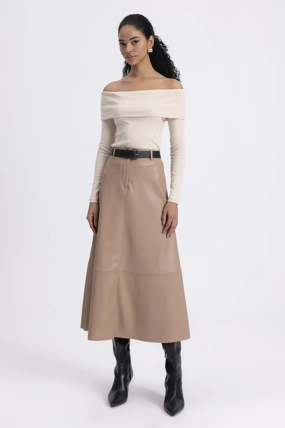Bayan Camel Deri Kloş Midi Etek