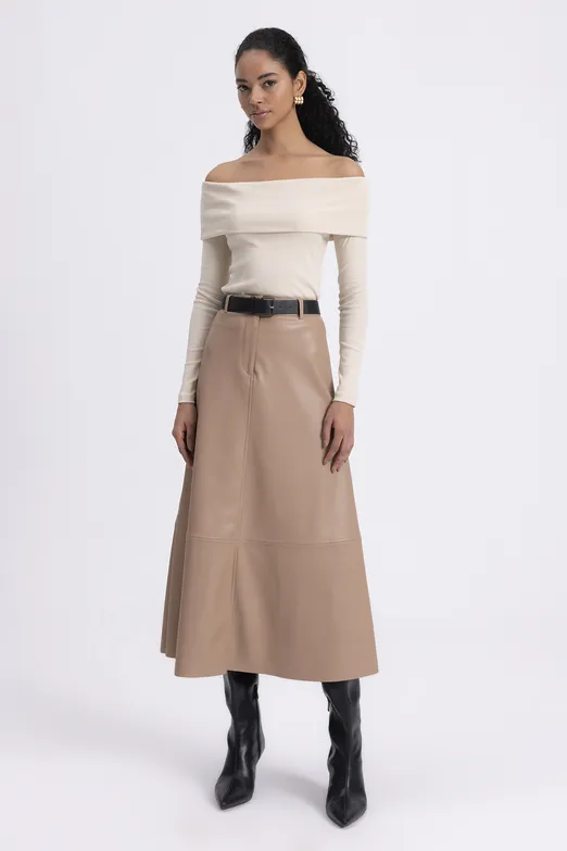 Bayan Camel Deri Kloş Midi Etek - BSL
