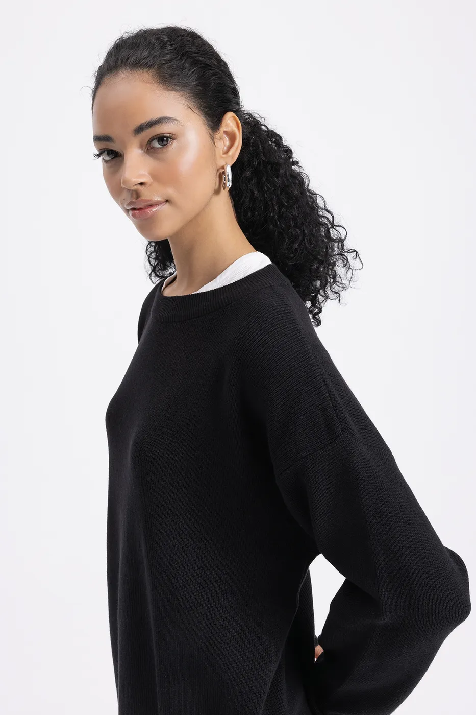 Bayan Siyah Oversize Örgü Kazak