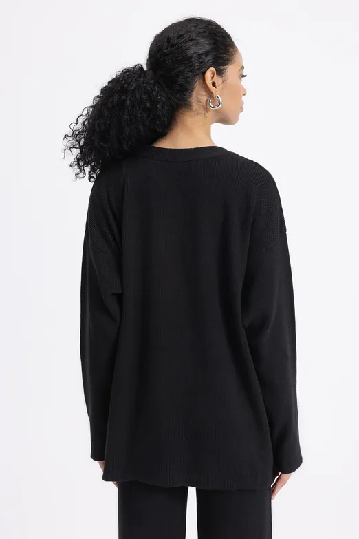Bayan Siyah Oversize Örgü Kazak - BSL