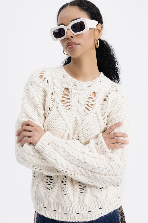 Bayan Ekru Ajur Desenli Kazak - BSL