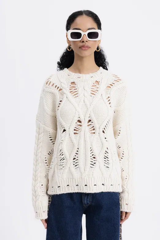 Bayan Ekru Ajur Desenli Kazak - BSL