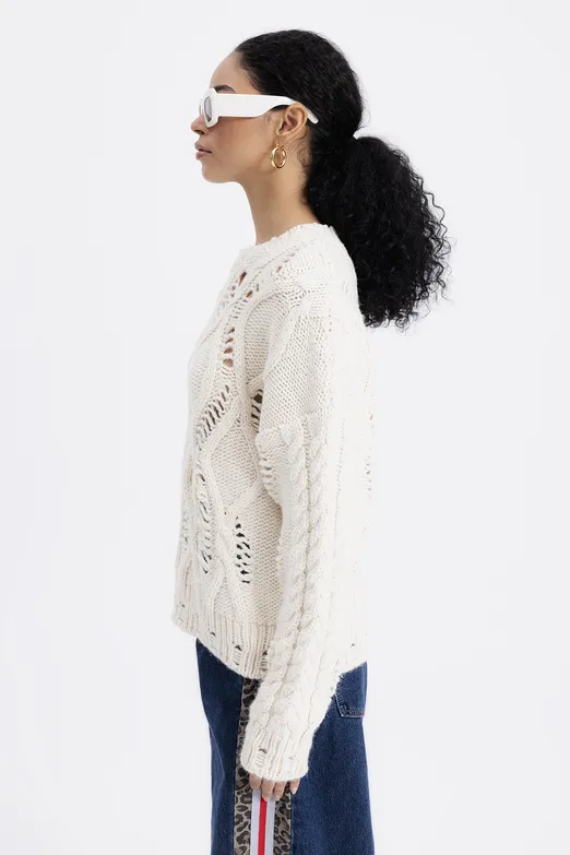 Bayan Ekru Ajur Desenli Kazak - BSL